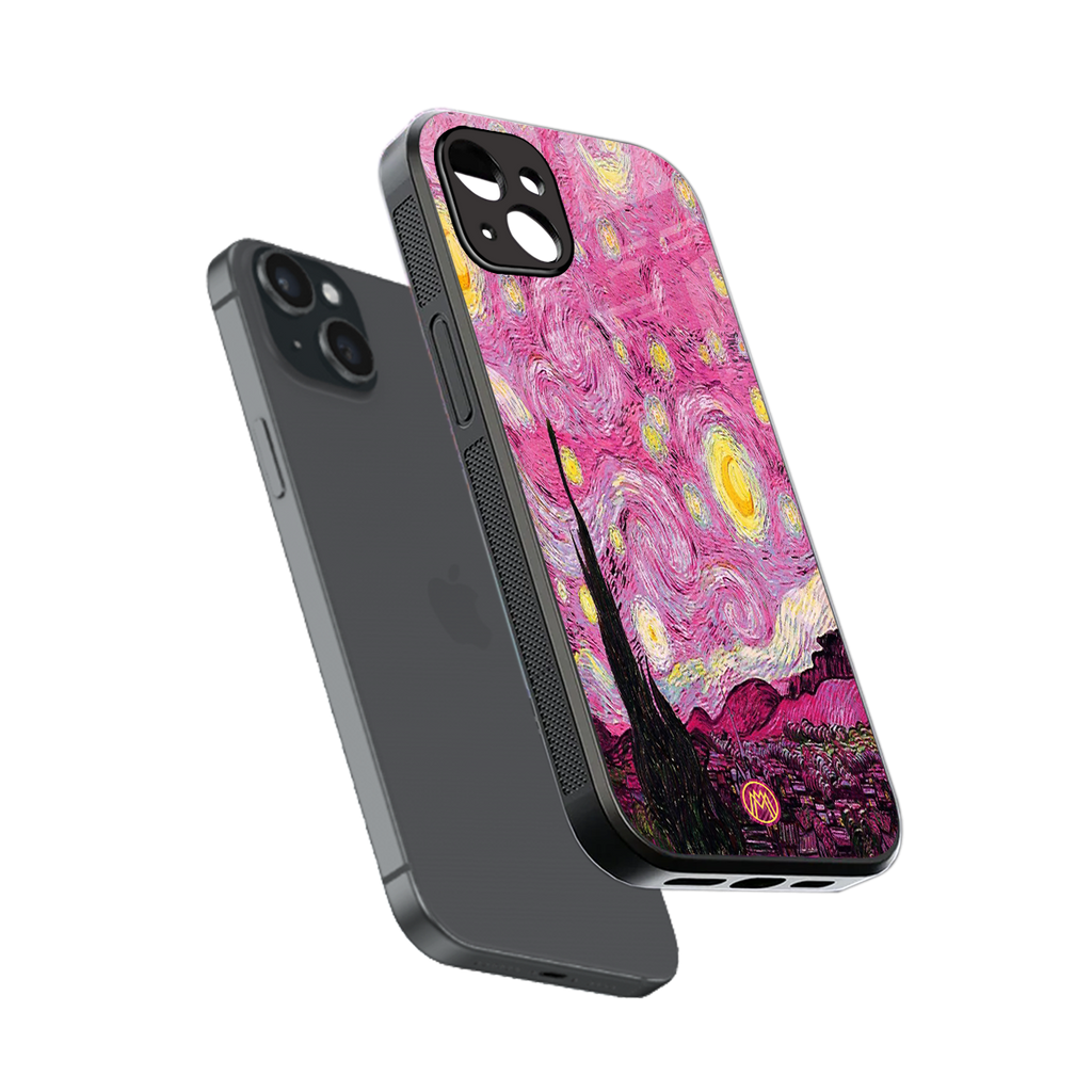 starry night pink back phone cover | glass case for iphone 14 plus