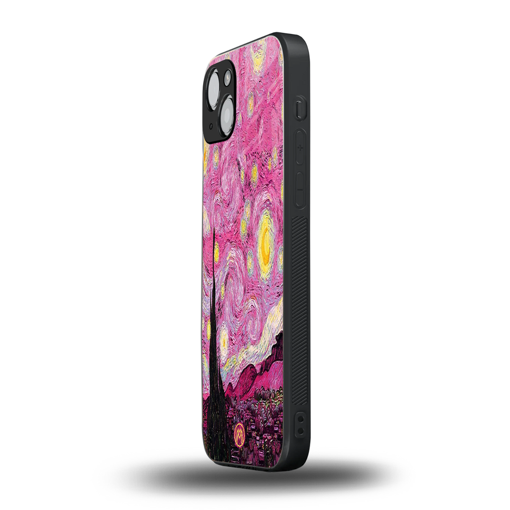 starry night pink back phone cover | glass case for iphone 15 plus