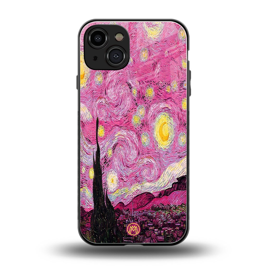 starry night pink back phone cover | glass case for iphone 15