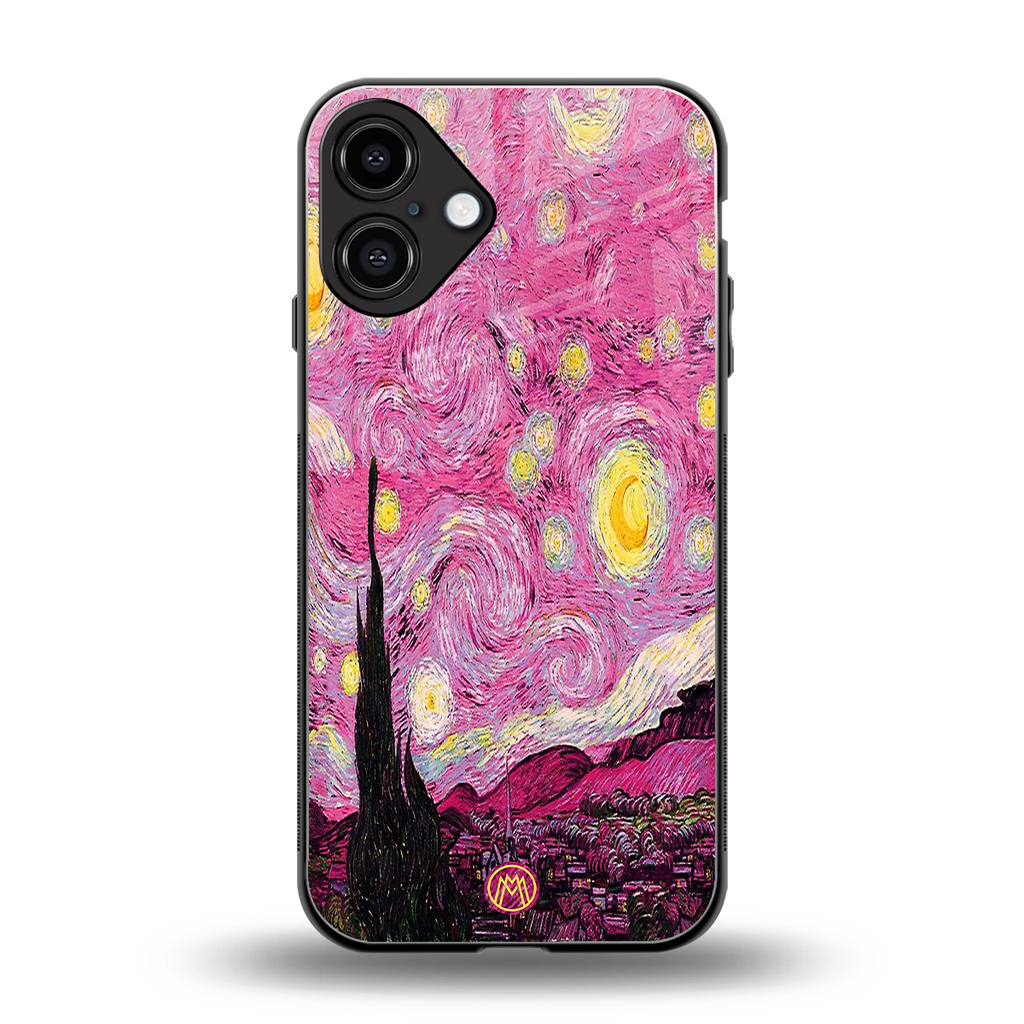 starry night pink back phone cover | glass case for iphone 16 plus