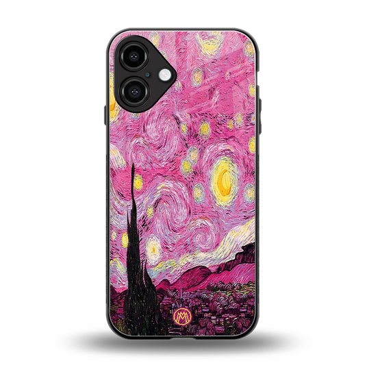 starry night pink back phone cover | glass case for iphone 16 plus