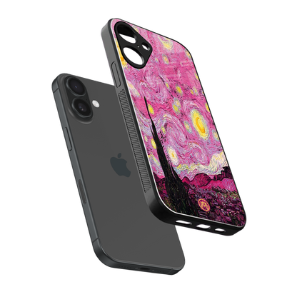 starry night pink back phone cover | glass case for iphone 16 plus
