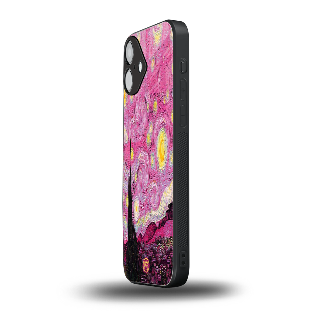 starry night pink back phone cover | glass case for iphone 16 plus