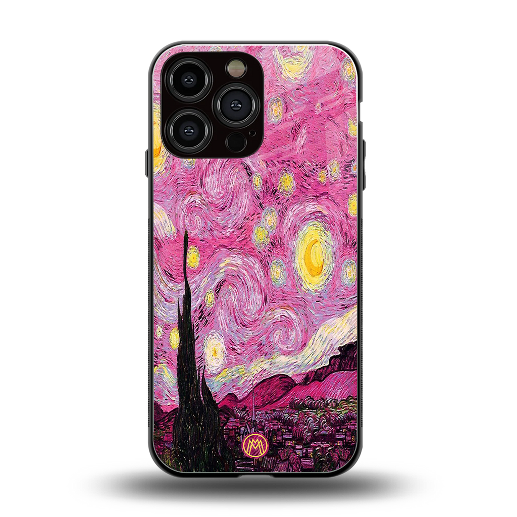 starry night pink back phone cover | glass case for iphone 16 pro max