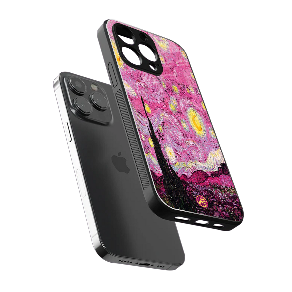 starry night pink back phone cover | glass case for iphone 16 pro max
