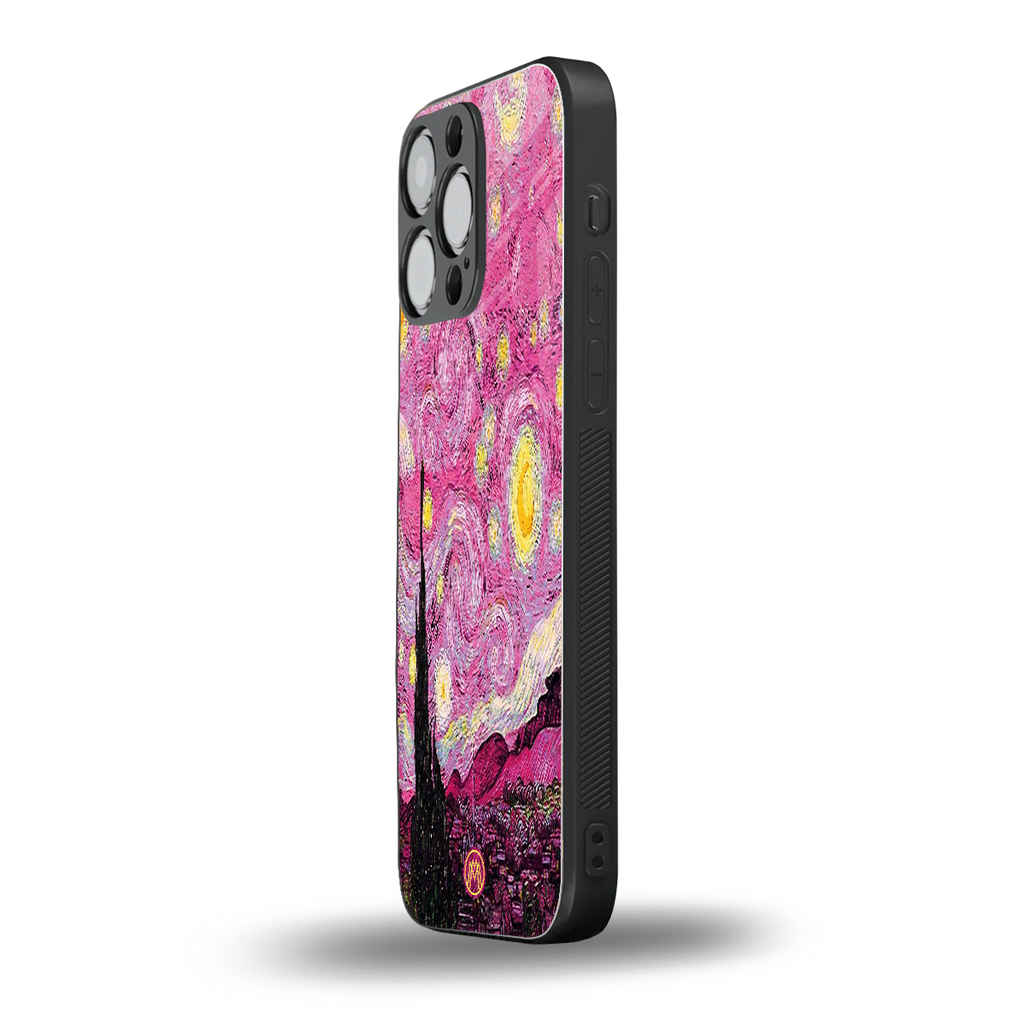 starry night pink back phone cover | glass case for iphone 16 pro max