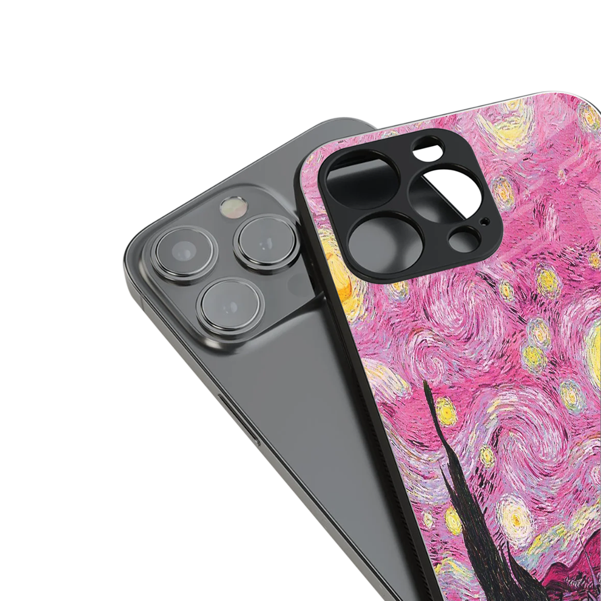 starry night pink back phone cover | glass case for iphone 14 plus