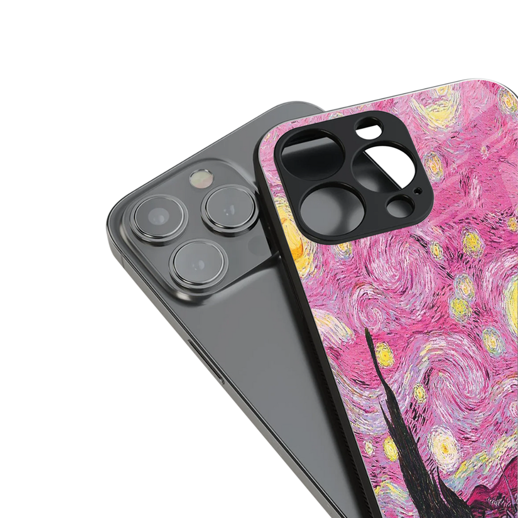 starry night pink back phone cover | glass case for iphone 16 plus