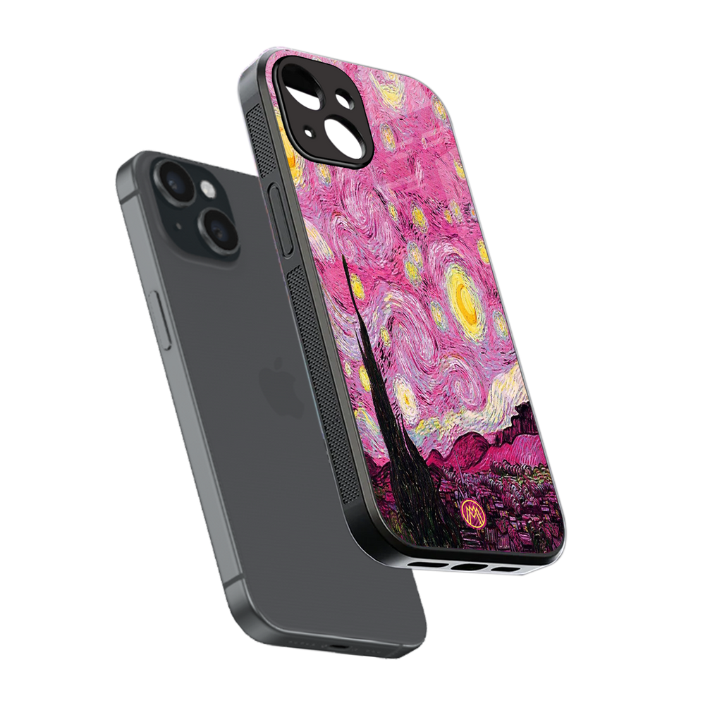 starry night pink back phone cover | glass case for iphone 15