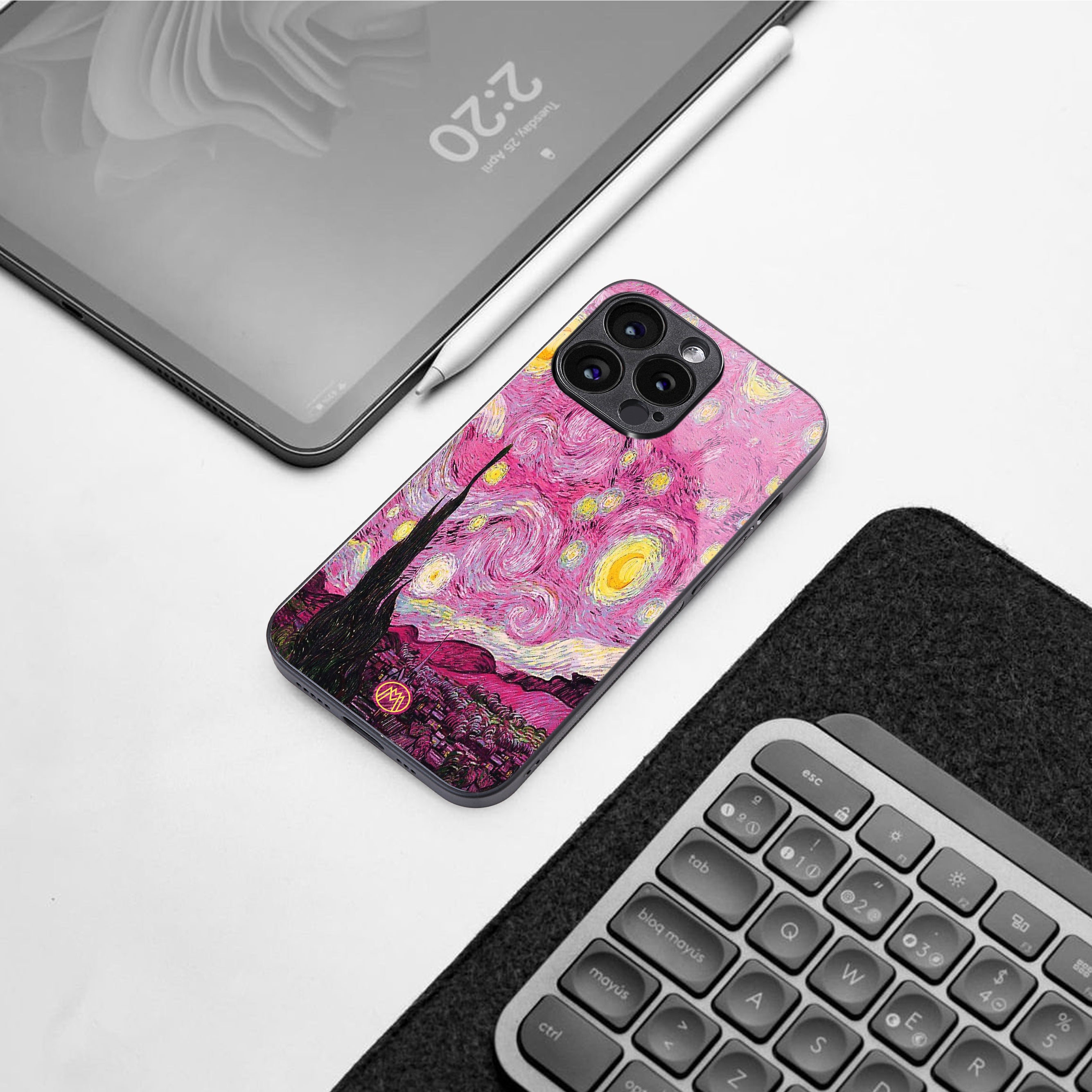 starry night pink back phone cover | glass case for iphone 16 plus