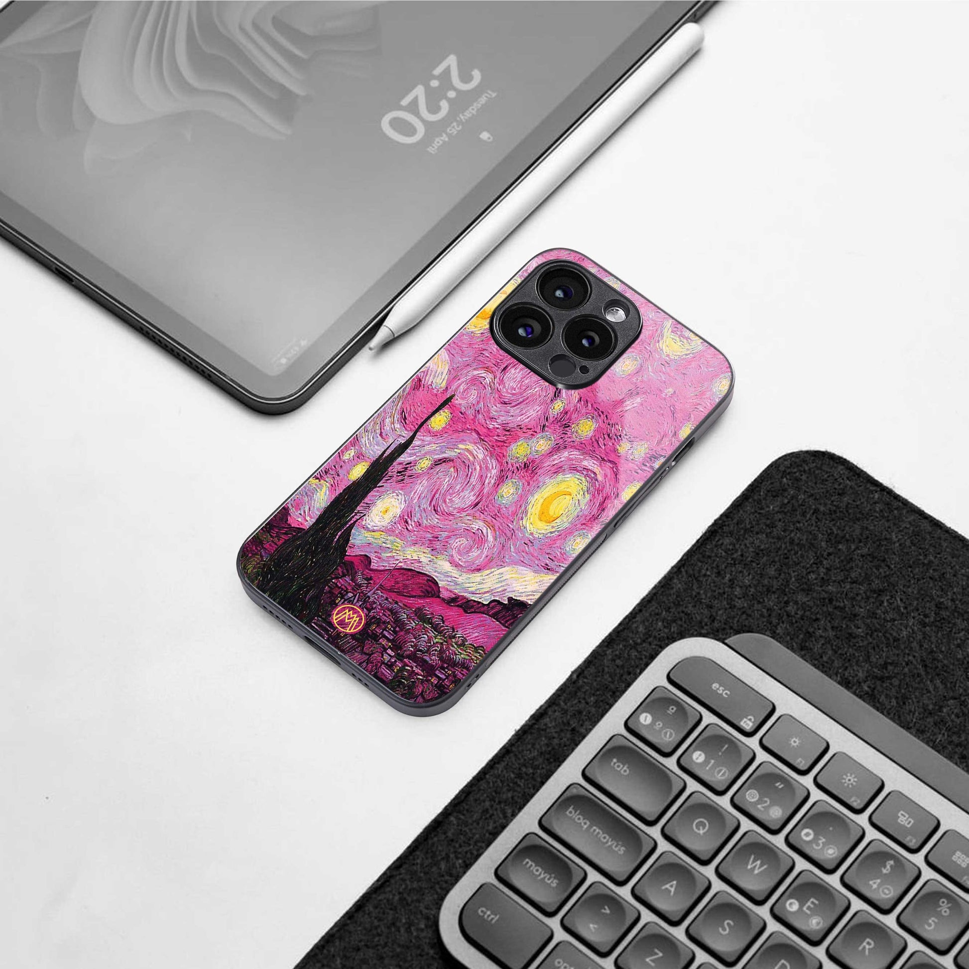 starry night pink back phone cover | glass case for iphone 14 plus