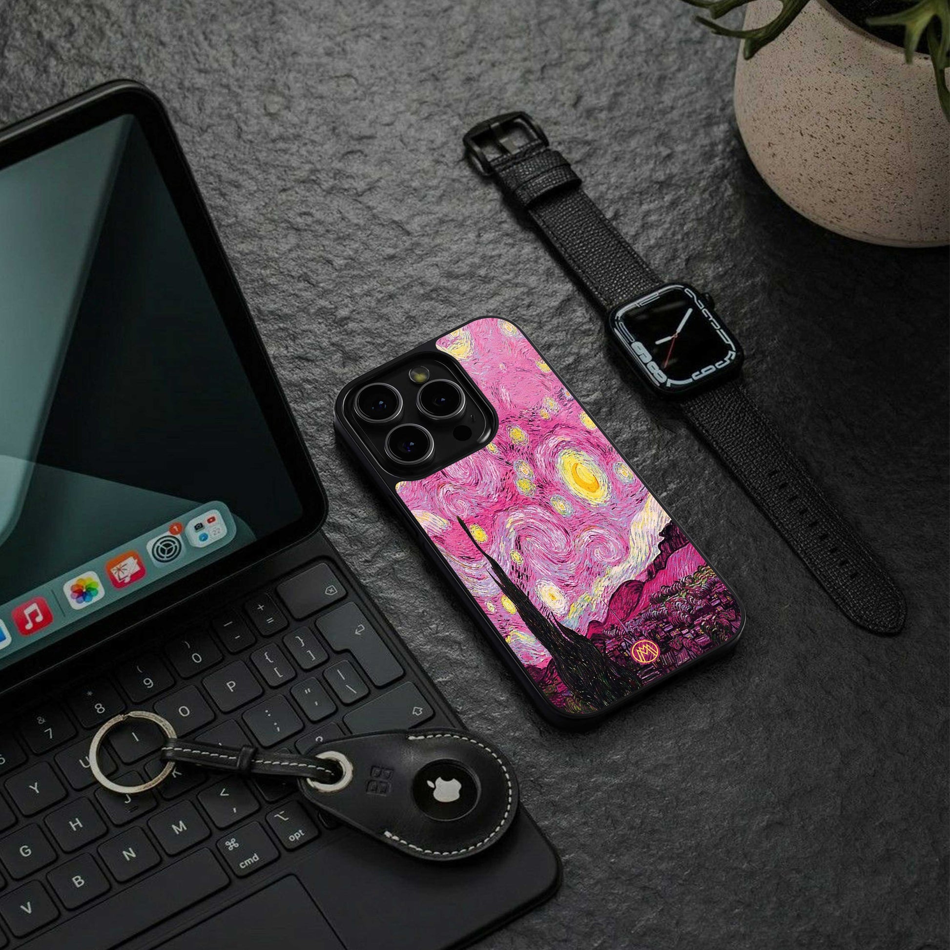 starry night pink back phone cover | glass case for iphone 14 plus