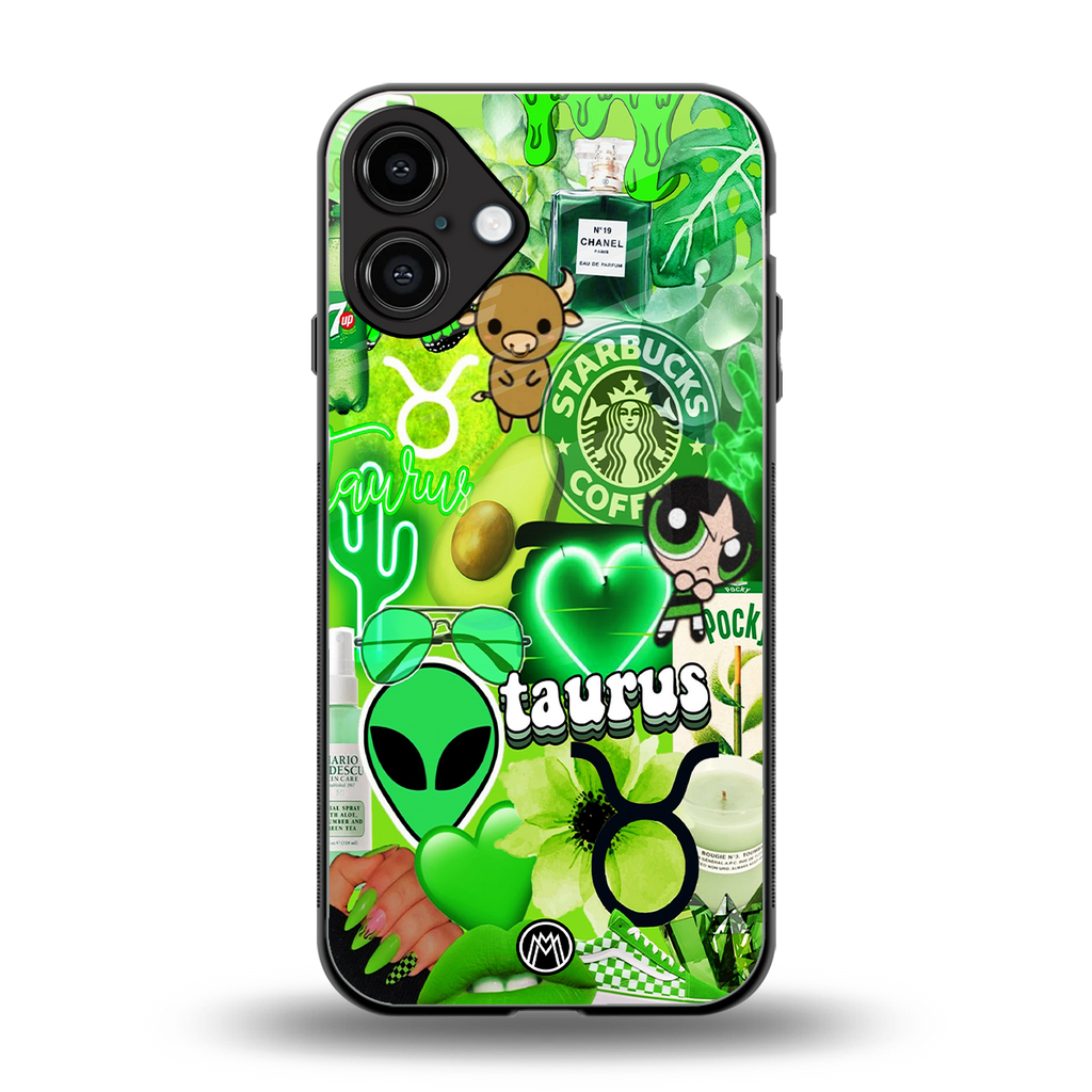taurus aesthetic collage back phone cover | glass case for iphone 16 plus