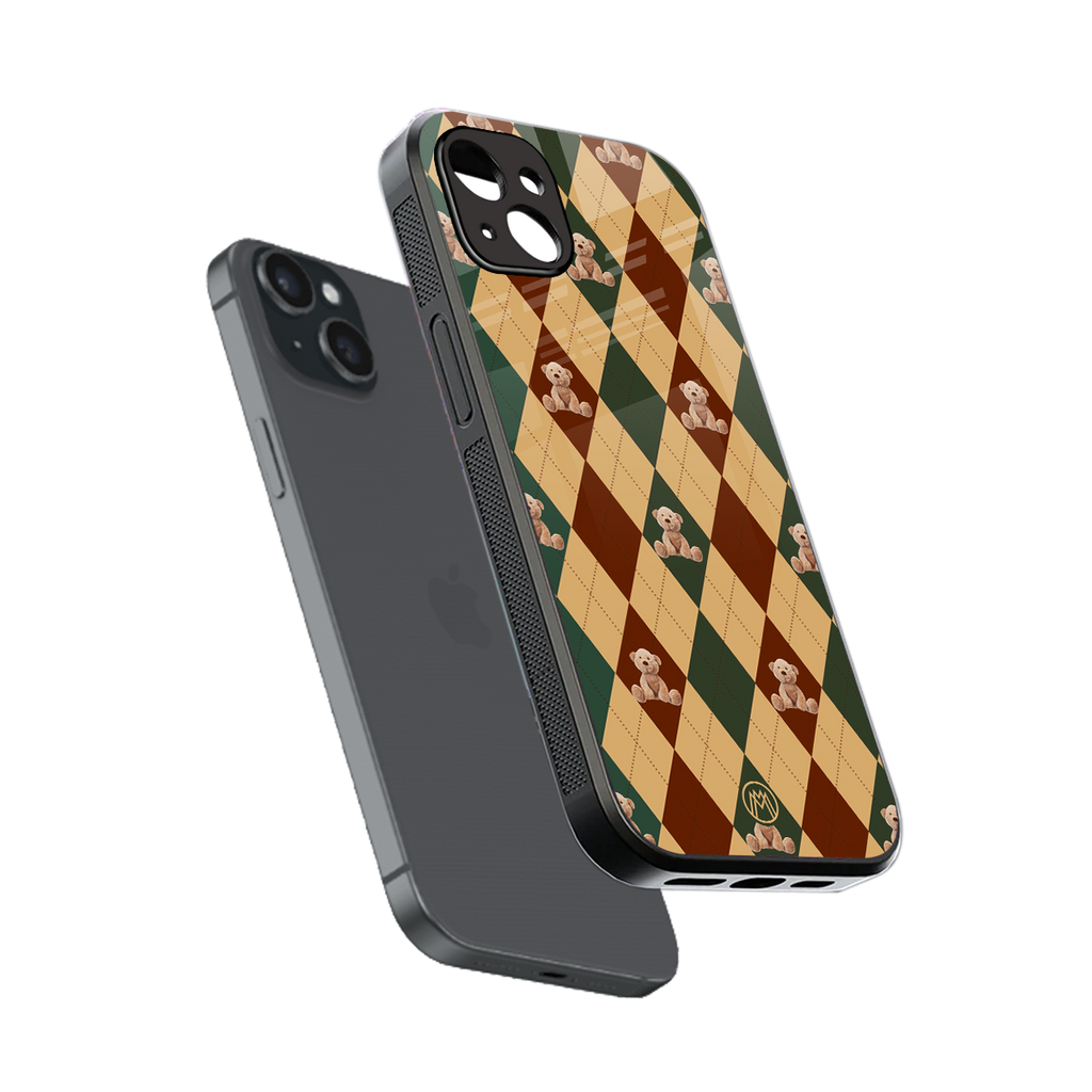 ted checkered pattern back phone cover | glass case for iphone 15 plus
