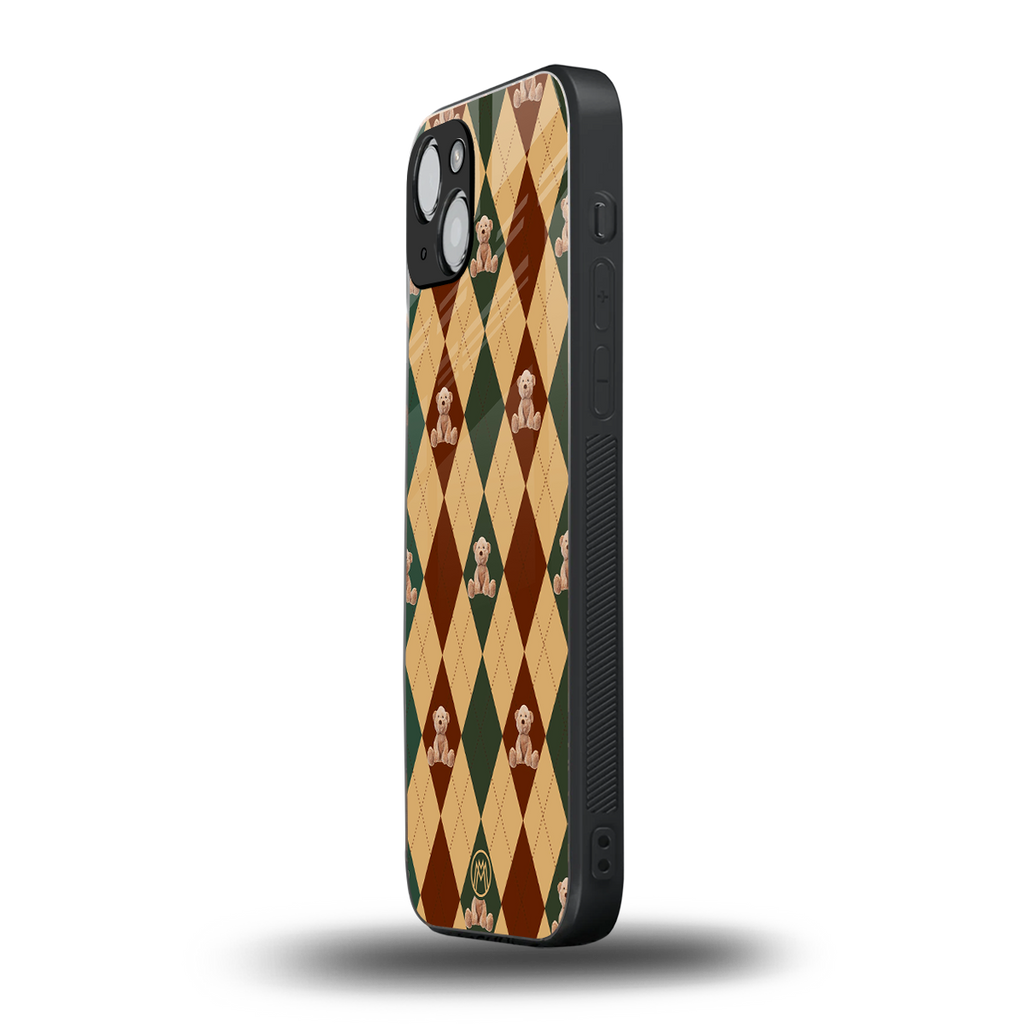 ted checkered pattern back phone cover | glass case for iphone 15 plus