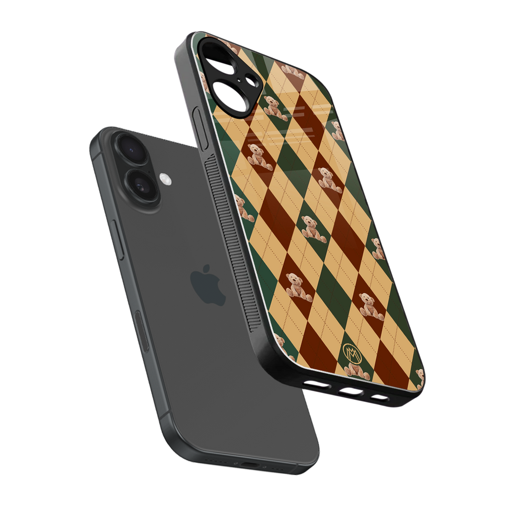 ted checkered pattern back phone cover | glass case for iphone 16 plus