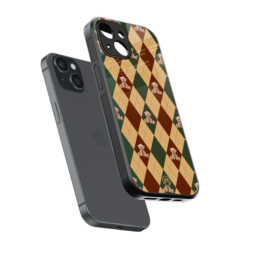 ted checkered pattern back phone cover | glass case for iphone 15