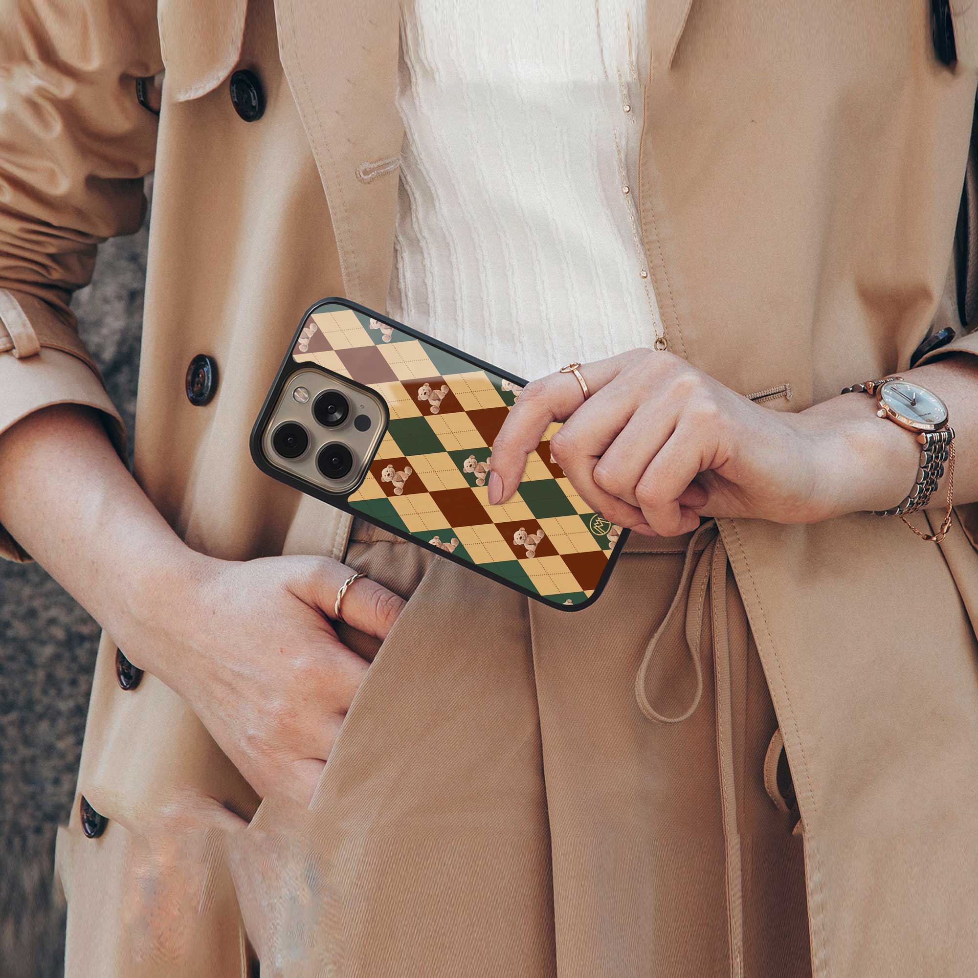 ted checkered pattern back phone cover | glass case for iphone 14 pro max