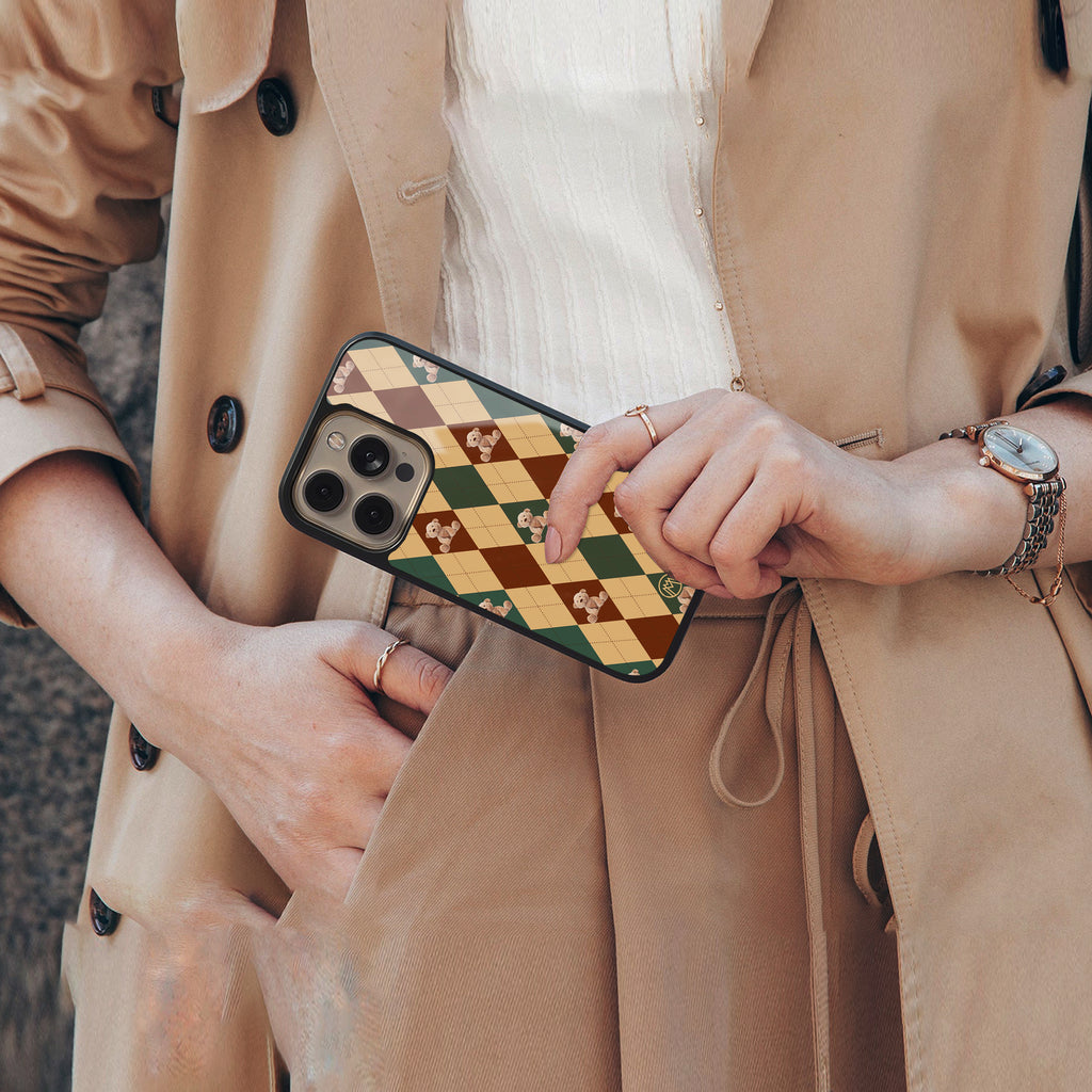 ted checkered pattern back phone cover | glass case for iphone 16 pro max