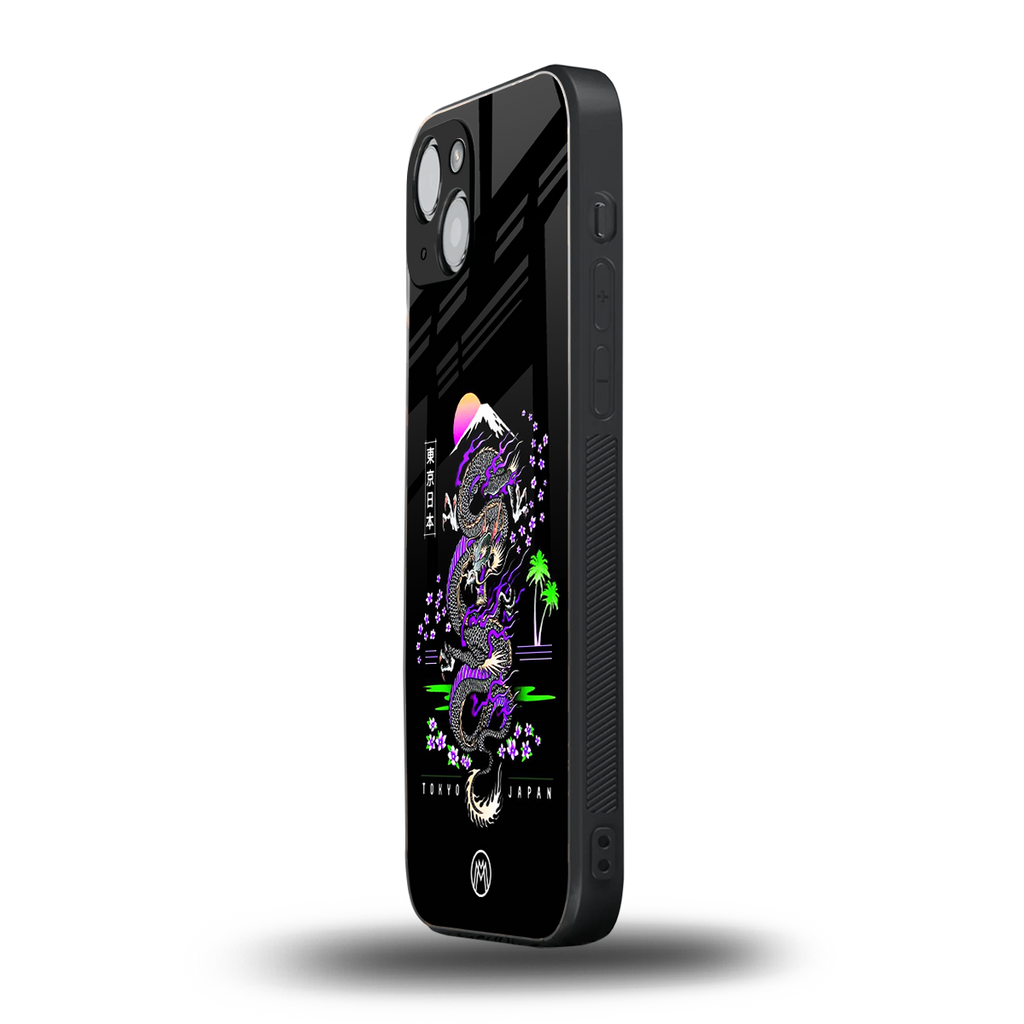 tokyo japan purple dragon black back phone cover | glass case for iphone 15 plus
