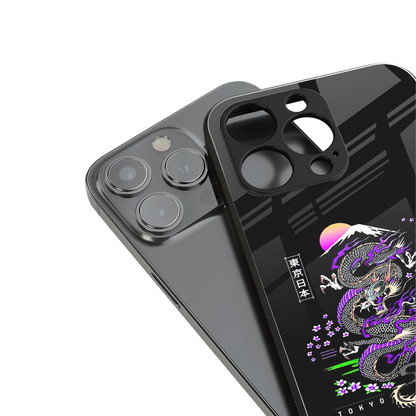 tokyo japan purple dragon black back phone cover | glass case for iphone 15 pro