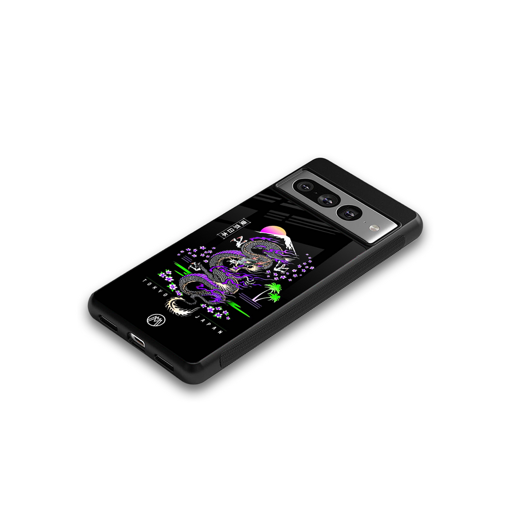 tokyo japan purple dragon black back phone cover | glass case for google pixel 7 pro