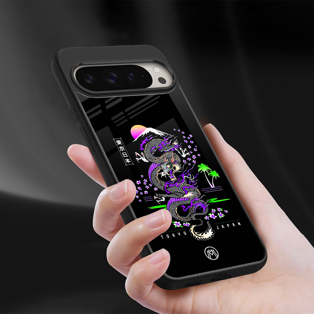 tokyo japan purple dragon black back phone cover | glass case for google pixel 9 pro