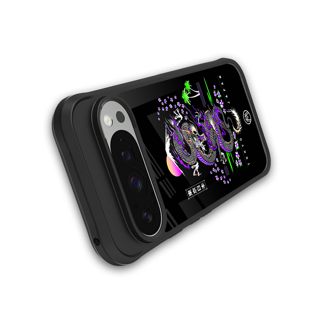 tokyo japan purple dragon black back phone cover | glass case for google pixel 9 pro