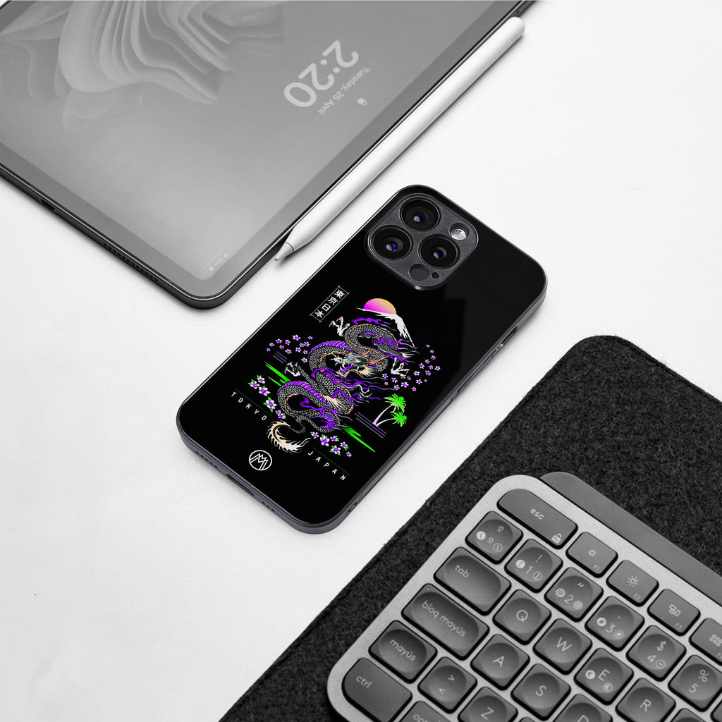 tokyo japan purple dragon black back phone cover | glass case for iphone 16 plus