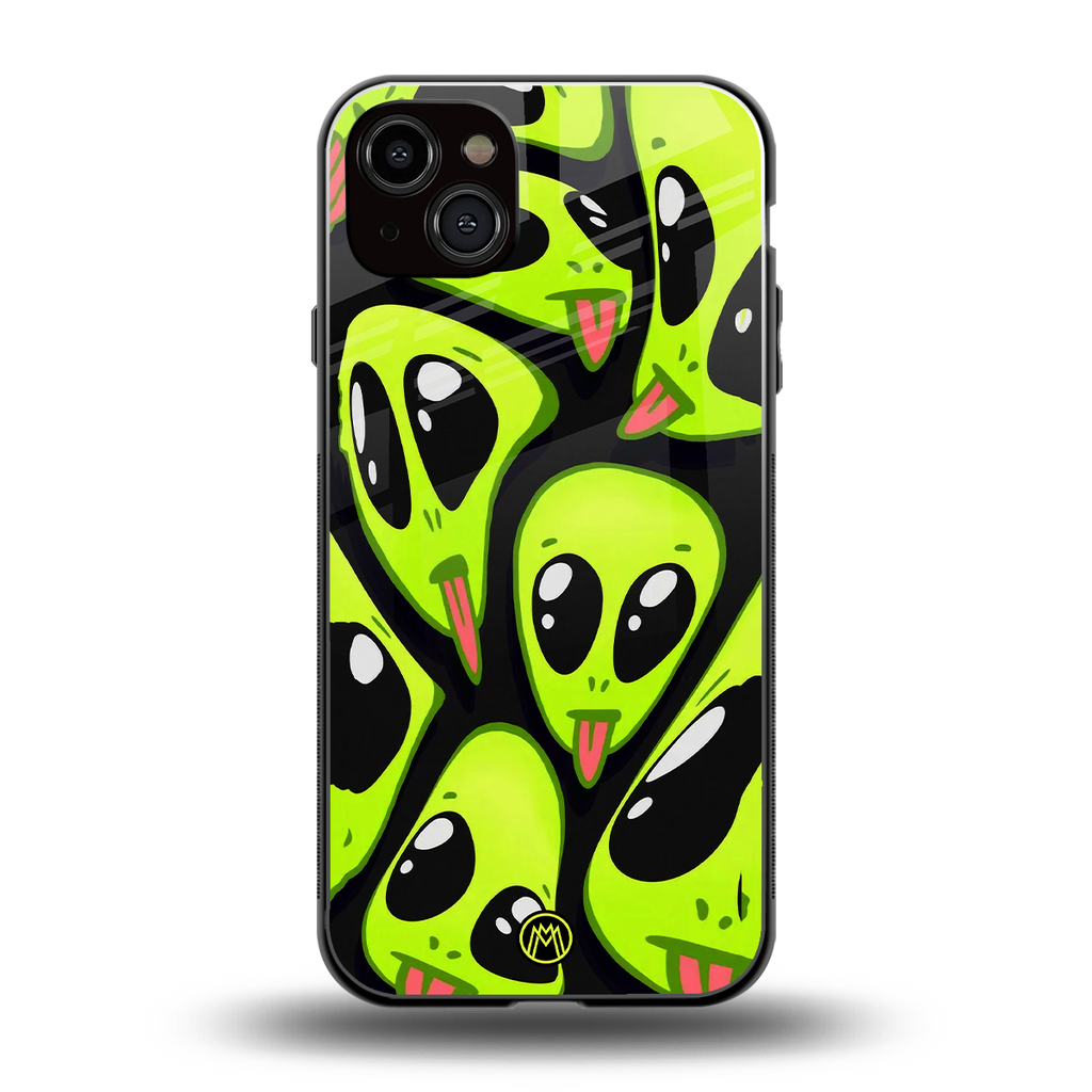 trippy aliens back phone cover | glass case for iphone 15 plus