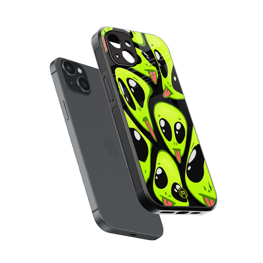 trippy aliens back phone cover | glass case for iphone 14 plus