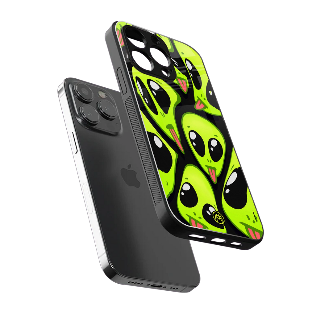 trippy aliens back phone cover | glass case for iphone 14 pro max