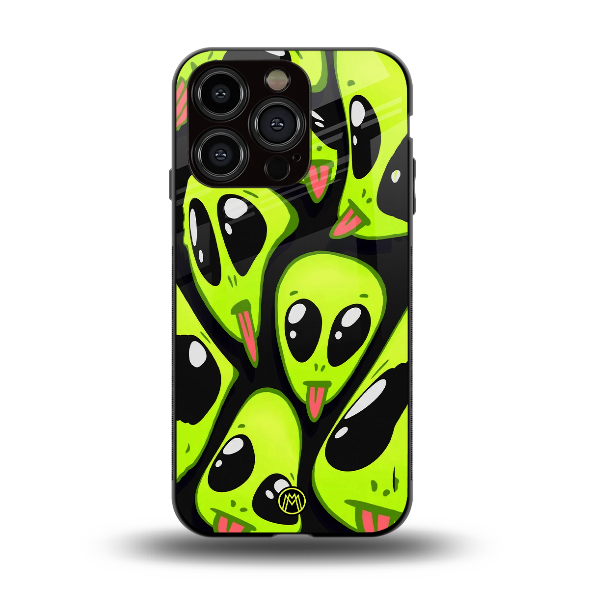 trippy aliens back phone cover | glass case for iphone 15 pro