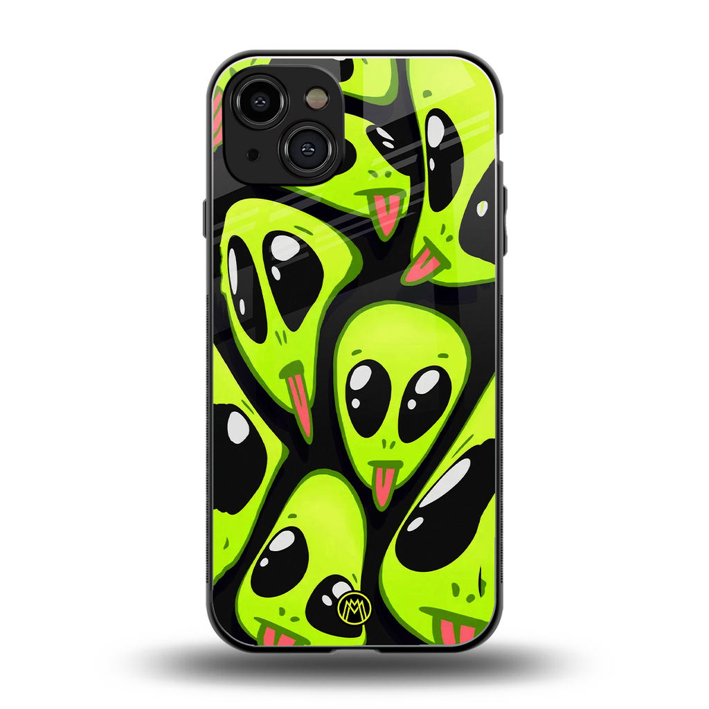 trippy aliens back phone cover | glass case for iphone 15