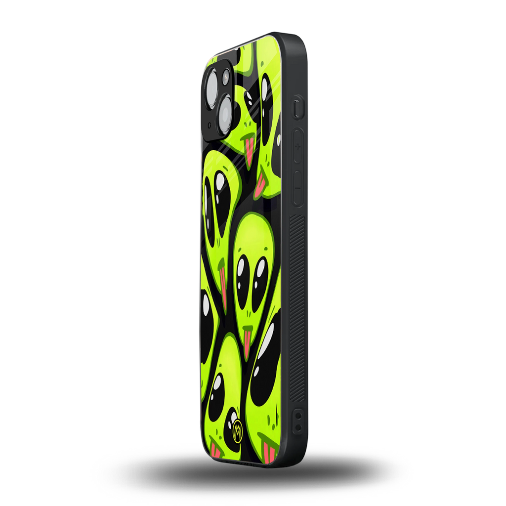 trippy aliens back phone cover | glass case for iphone 15
