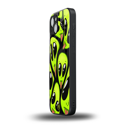 trippy aliens back phone cover | glass case for iphone 15