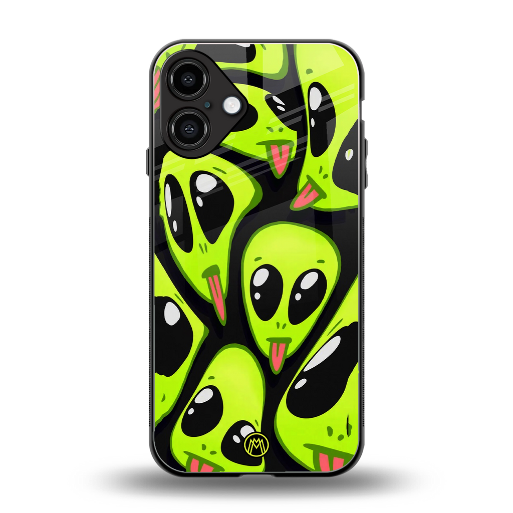 trippy aliens back phone cover | glass case for iphone 16 plus