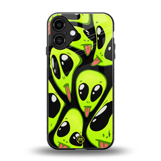 trippy aliens back phone cover | glass case for iphone 16 plus