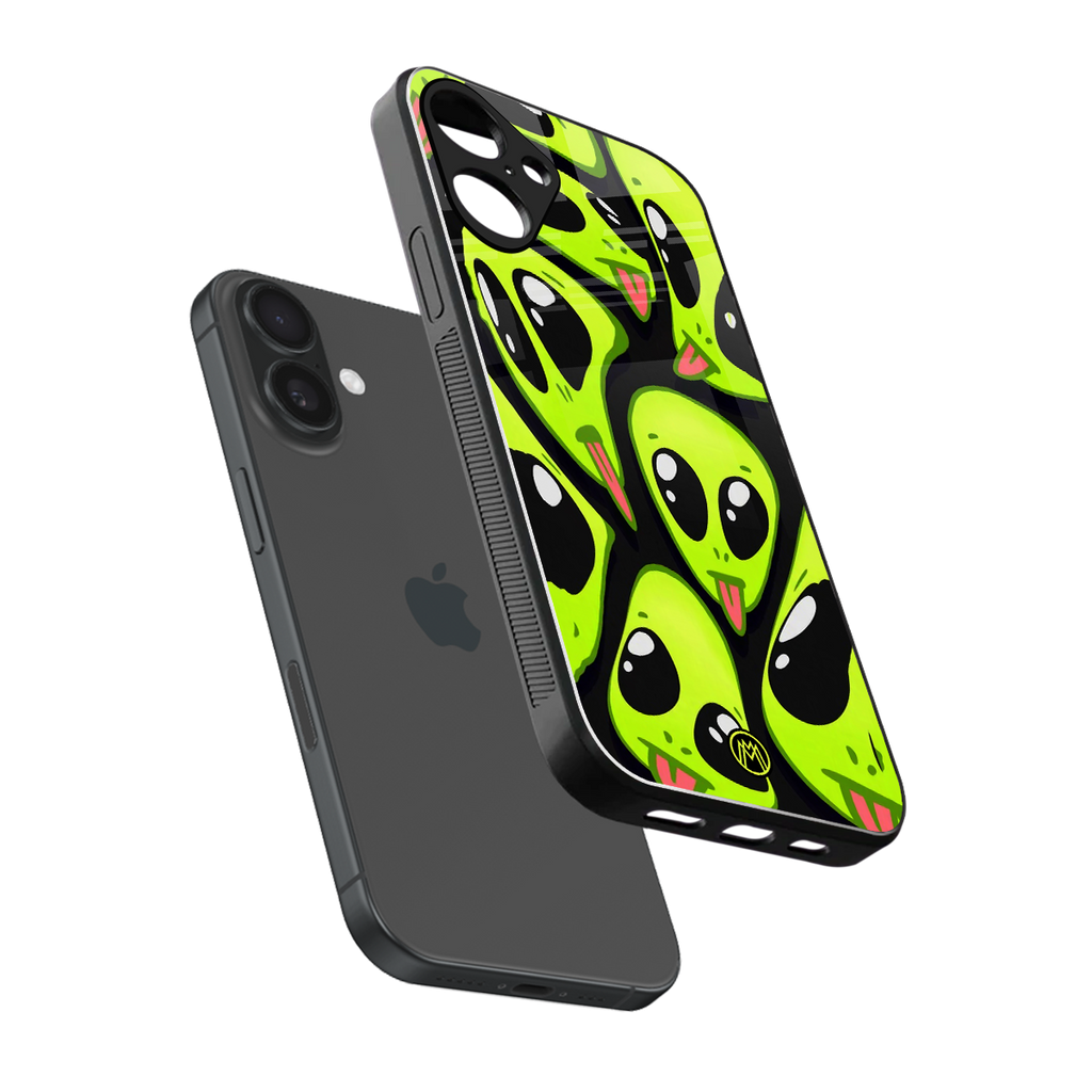trippy aliens back phone cover | glass case for iphone 16 plus