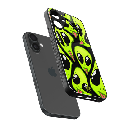 trippy aliens back phone cover | glass case for iphone 16 plus