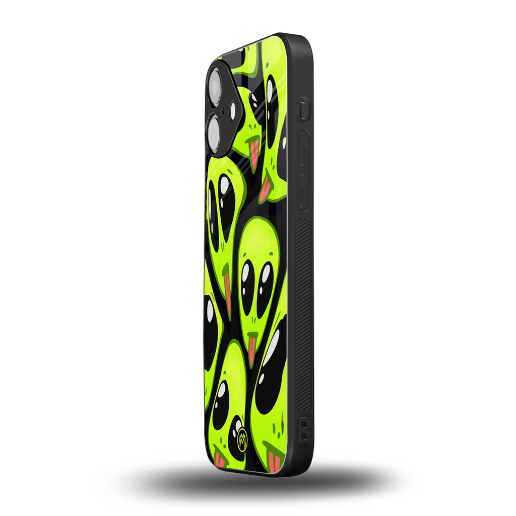 trippy aliens back phone cover | glass case for iphone 16 plus