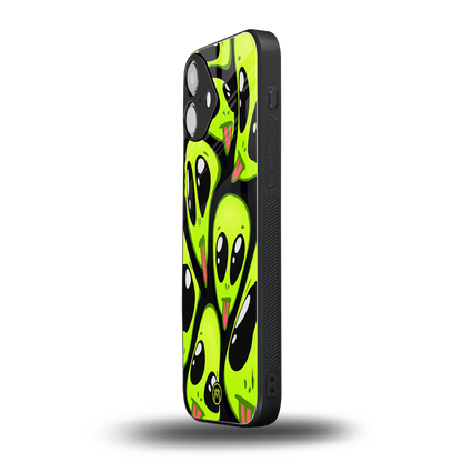 trippy aliens back phone cover | glass case for iphone 16 plus