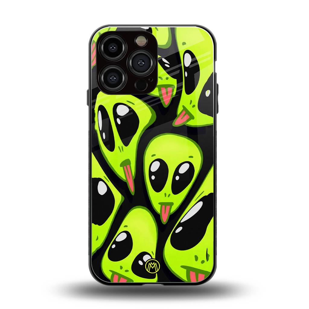 trippy aliens back phone cover | glass case for iphone 16 pro max
