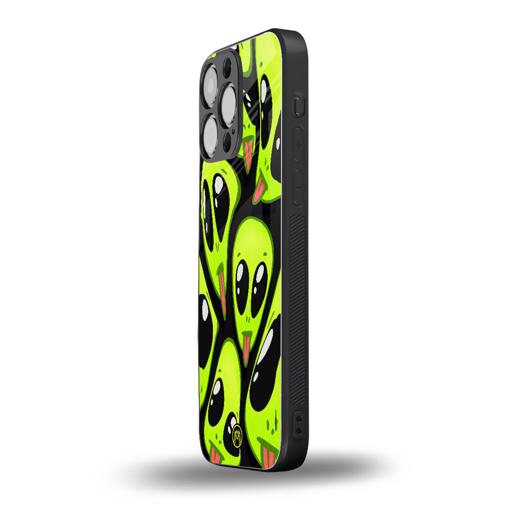 trippy aliens back phone cover | glass case for iphone 16 pro max