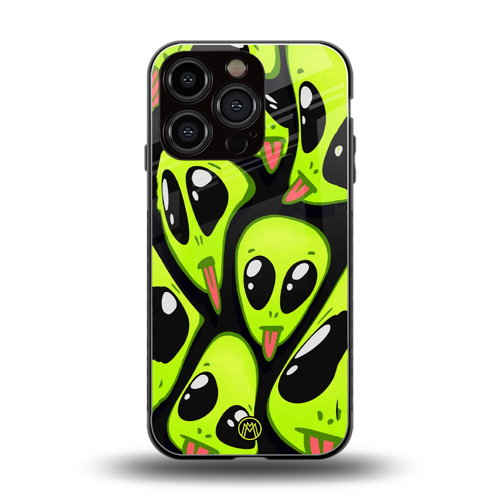 trippy aliens back phone cover | glass case for iphone 16 pro