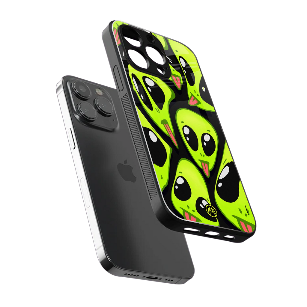 trippy aliens back phone cover | glass case for iphone 16 pro