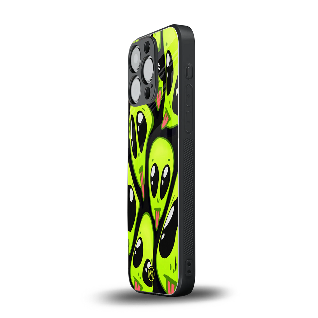 trippy aliens back phone cover | glass case for iphone 16 pro
