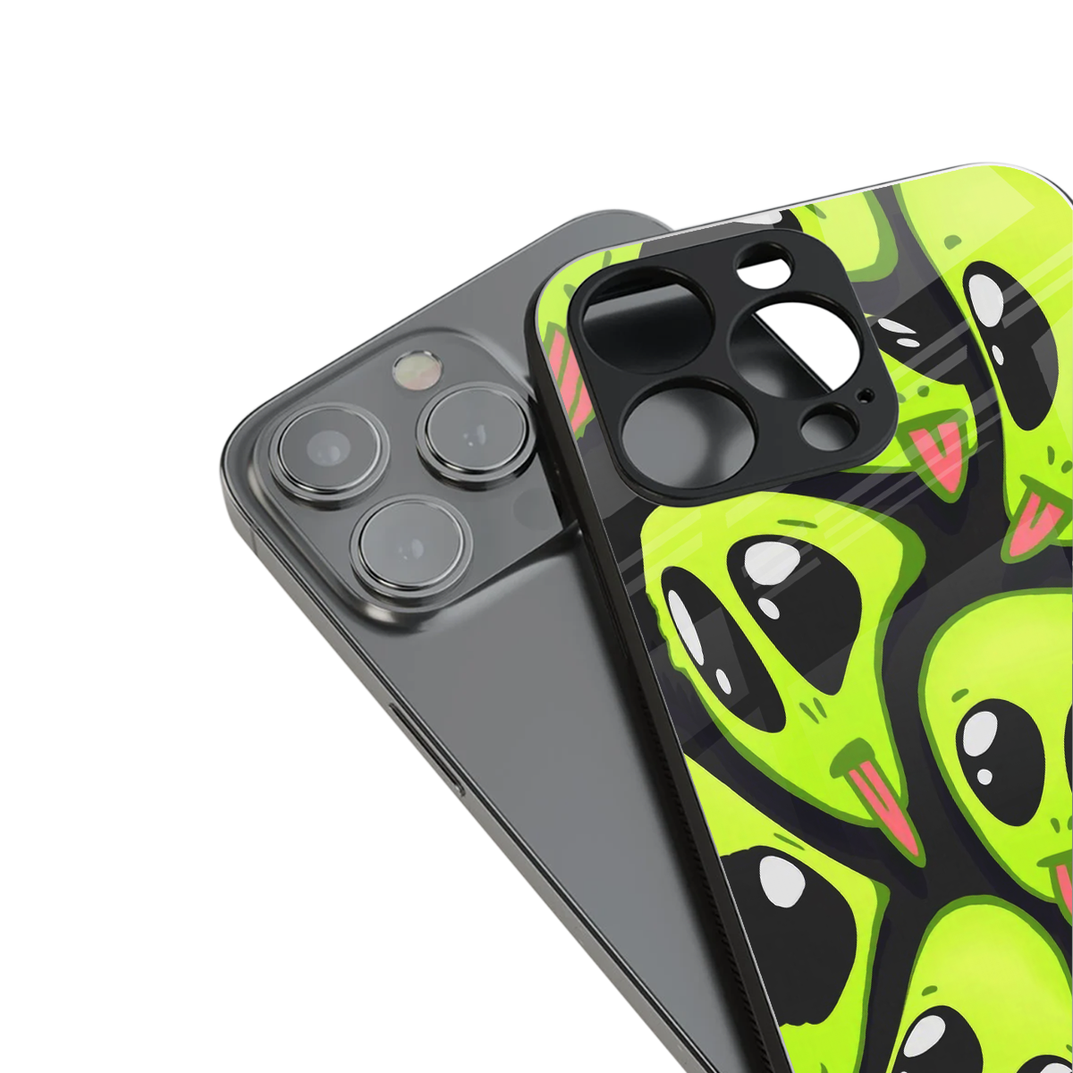trippy aliens back phone cover | glass case for iphone 14 pro max