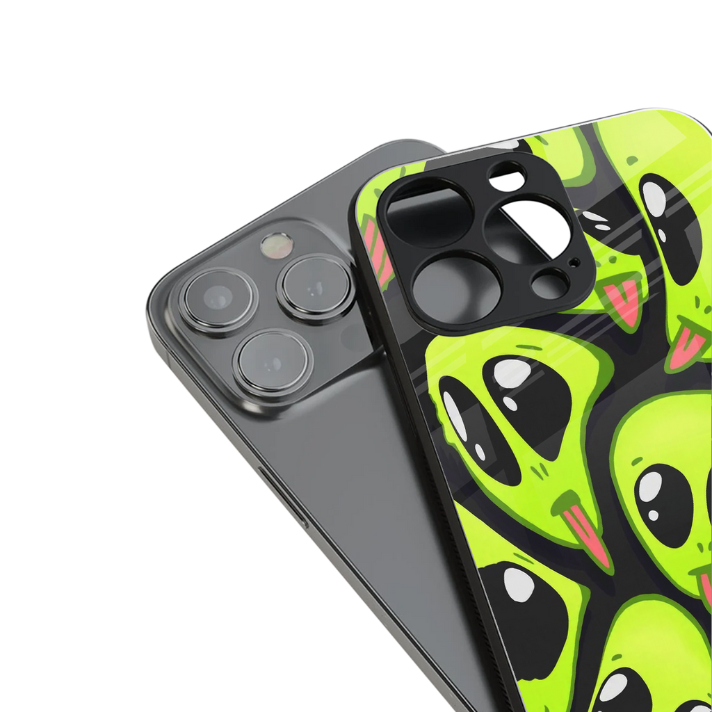trippy aliens back phone cover | glass case for iphone 16 pro