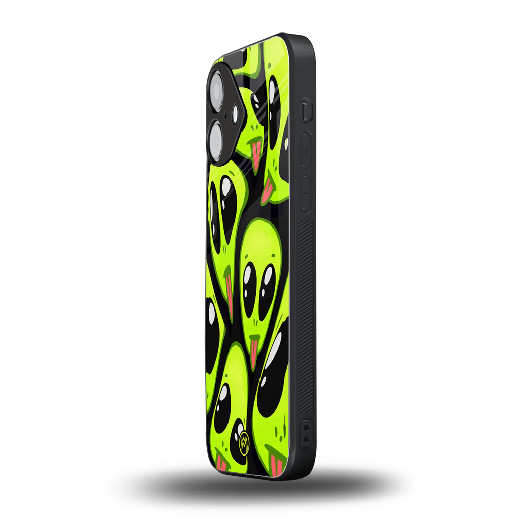 trippy aliens back phone cover | glass case for iphone 16